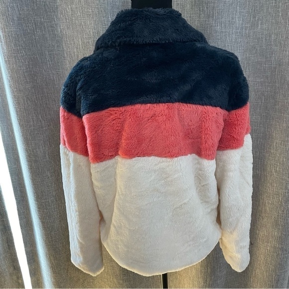 Sunset & Sixth Faux Fur Retro Color Block Teddy Jacket Blue Pink‎ Cream  sz S - Picture 3 of 13